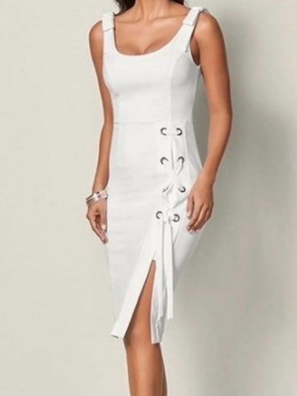 VENUS Cream Grommet Lace-Up Strap Midi Dress - XS